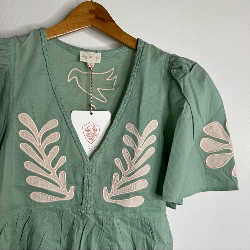 NWT Ex Voto 100% Cotton Chloe Short Sleeve Blouse in Green - Picture 10 of 16